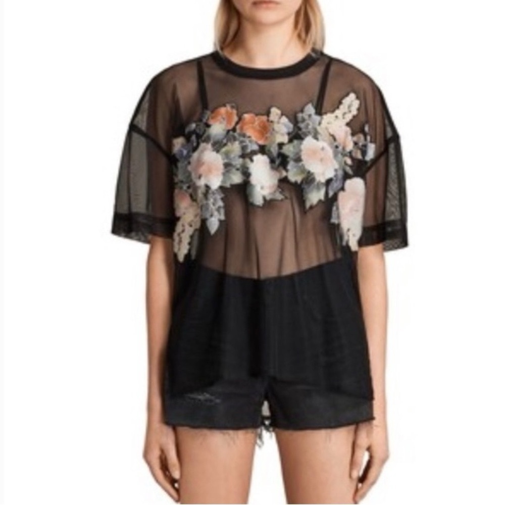 AllSaints Floral Embroidered Black Mesh Top